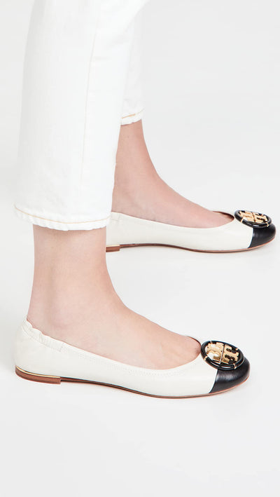 Tory Burch Women's Multi Logo Cap Toe Ballet Flats, New Ivory/Perfect Black, 8 Medium US