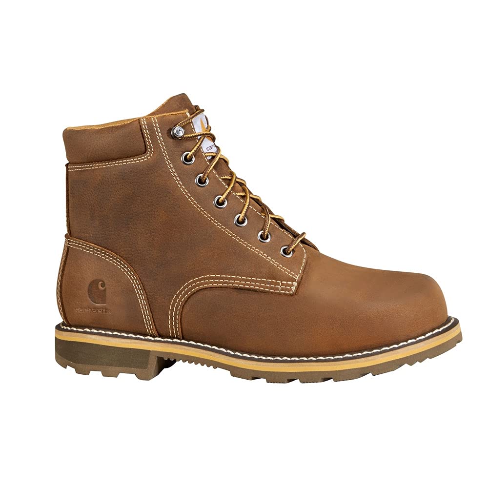 Carhartt Men's 6 Inch Plain Toe Lug Bottom Soft Toe Boot, brown oil tanned leather., 9 W US