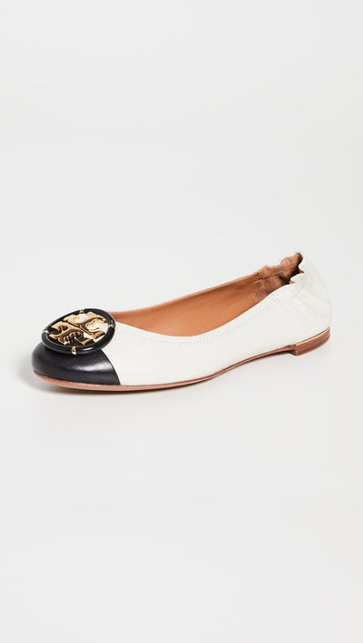 Tory Burch Women's Multi Logo Cap Toe Ballet Flats, New Ivory/Perfect Black, 8 Medium US