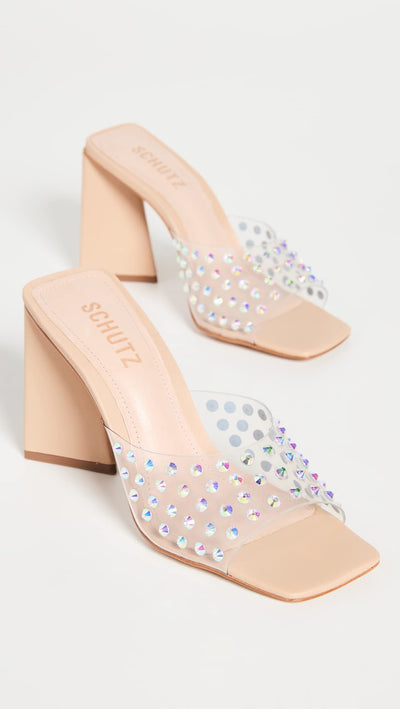 SCHUTZ Women's Lizah Crystal Sandals, Transparent/Light Nude, Clear, Tan, 9 Medium US
