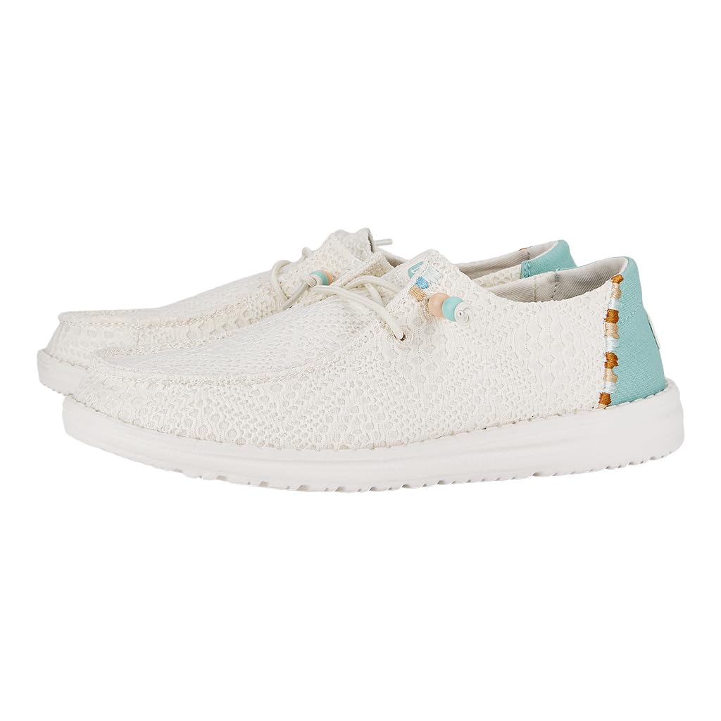 HEYDUDE Wendy Boho Crochet Loafers for Women Textile Upper & Lining Lace-up Closure Textile Outsole Off-White