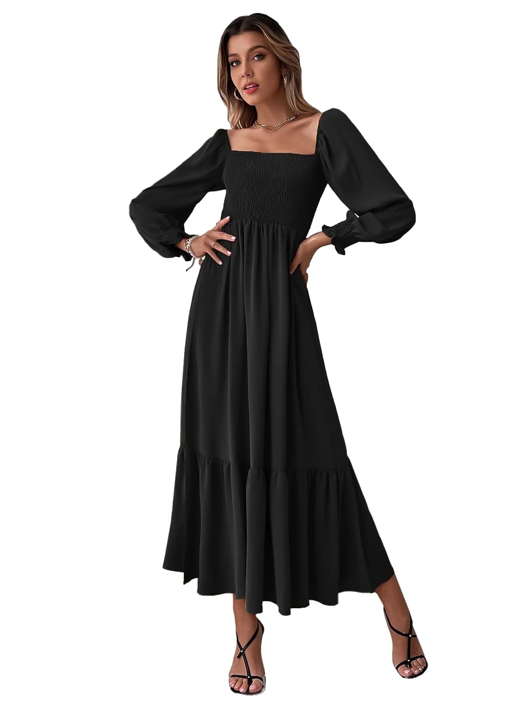 Anna-Kaci Women's Square Neck Shirred Ruffle Hem Long Sleeve Maxi Dress, Black, Small