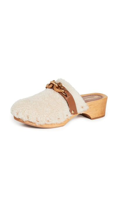 Tory Burch Women's Jessa Shearling Clogs, Buttermilk/Royal Tan, 9.5 Medium US