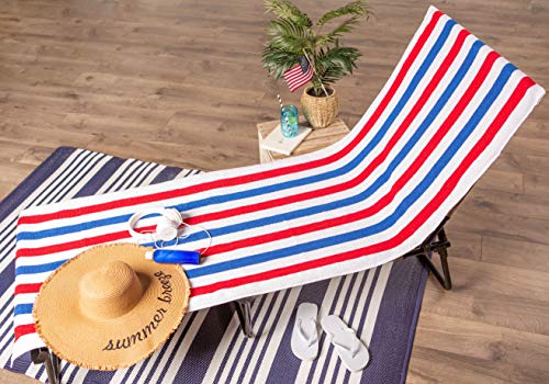 DII Stripe Beach Lounge Chair Towel with Fitted Top Pocket, 26x82, Red, White, Blue