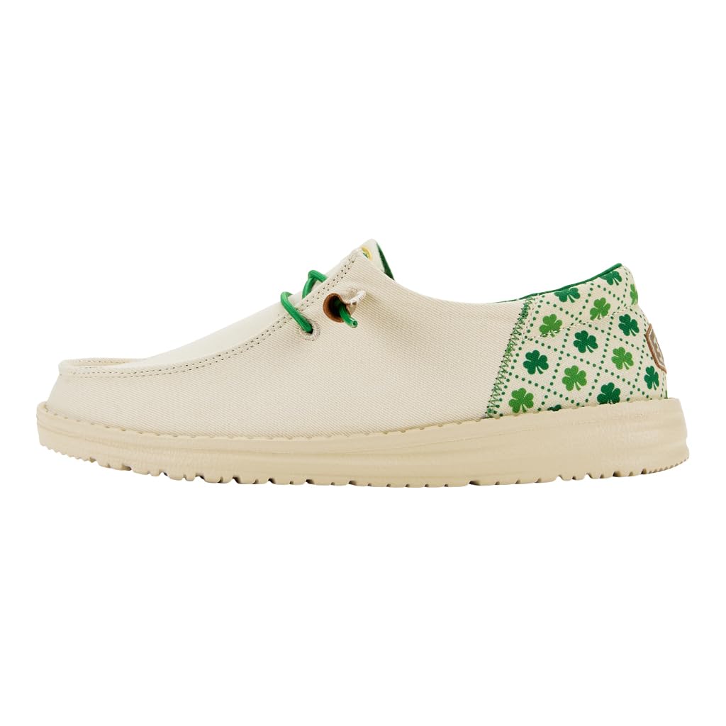 HEYDUDE Women's Wendy Luck White/Shamrock Size 5 | Women's Shoes | Women Slip-on Loafers | Comfortable & Light-Weight