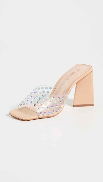 SCHUTZ Women's Lizah Crystal Sandals, Transparent/Light Nude, Clear, Tan, 9 Medium US