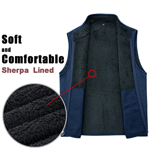 Bonnorth Mens Zip Up Sherpa Vest for Men Knitted Sweater Winter Vest Mens Casual Warm Vests Outerwear with Pocket Dark Blue M