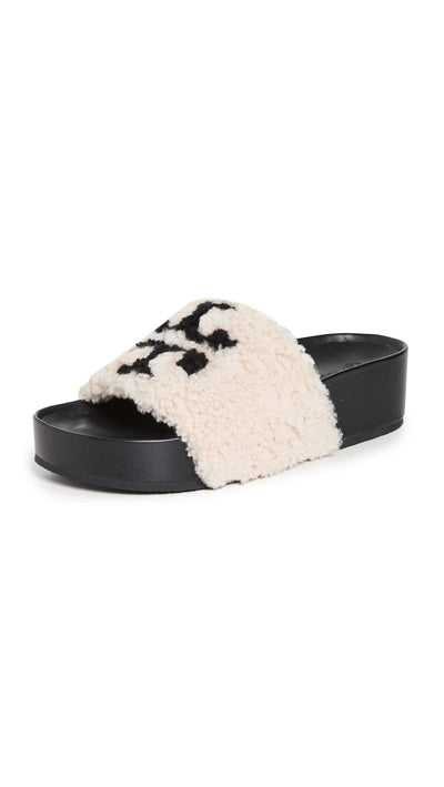 Tory Burch Women's Double T Shearling Flatform Sandals, Buttermilk/Perfect Black, 7 Medium US