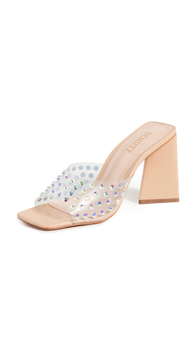 SCHUTZ Women's Lizah Crystal Sandals, Transparent/Light Nude, Clear, Tan, 9 Medium US
