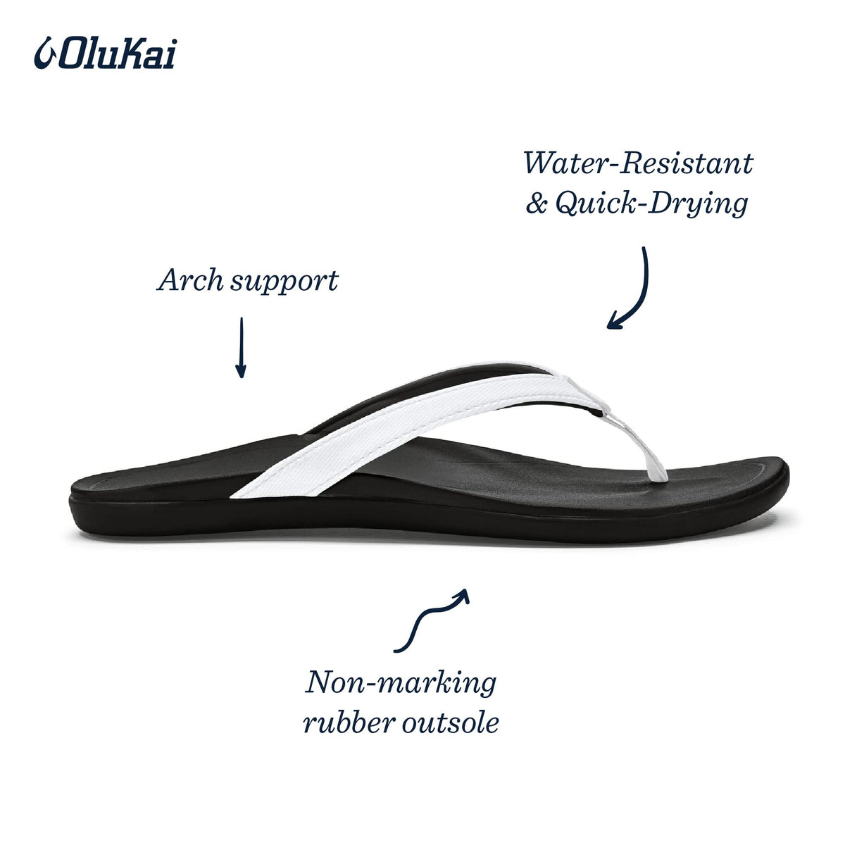 OLUKAI Ho'opio Women's Beach Sandals, Quick-Dry Flip-Flop Slides, Clean & Minimal Aesthetic, Water Resistant & Enhanced Traction, All-Day Comfort, White/Onyx, 11