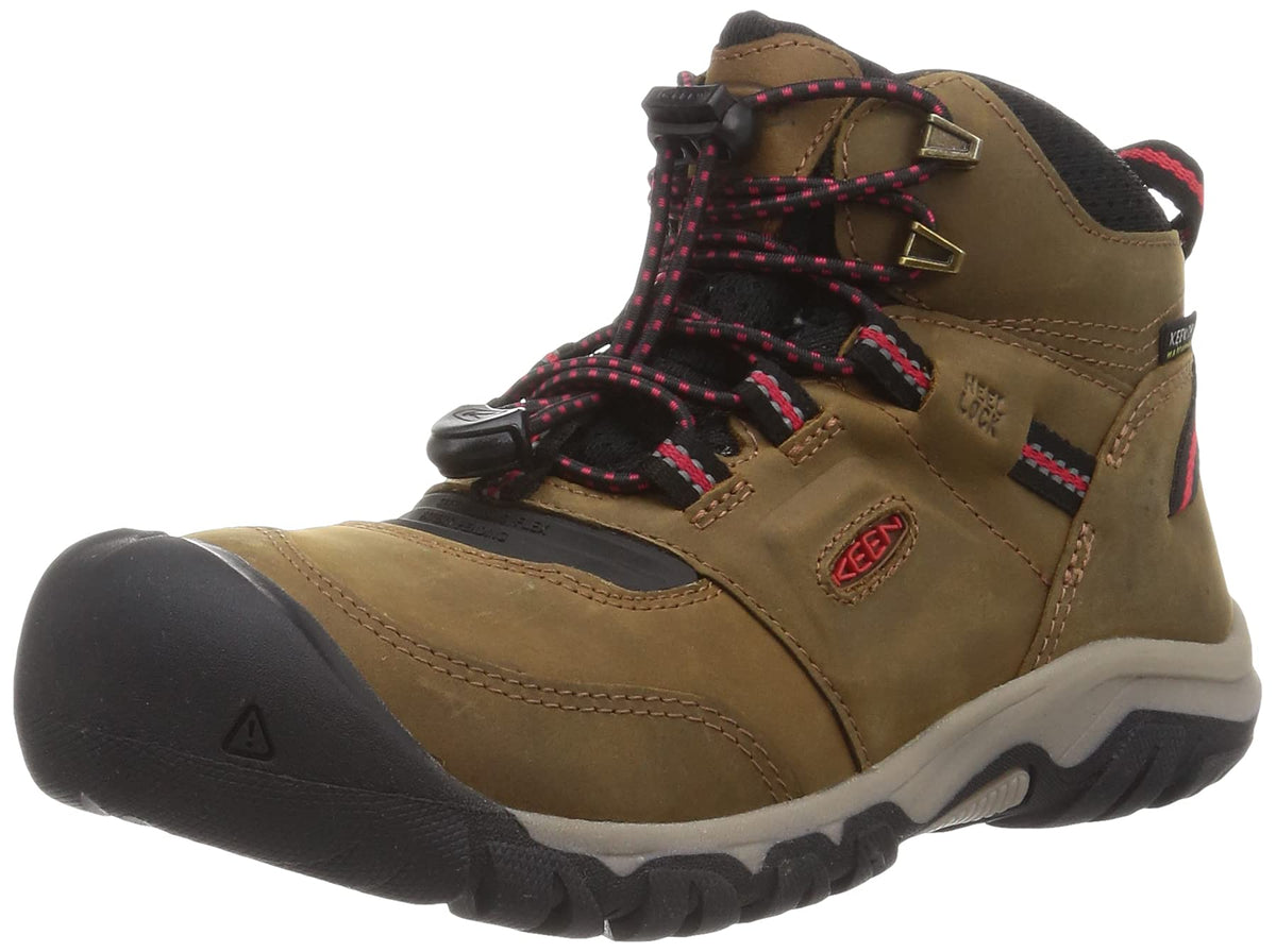 KEEN Ridge Flex Mid Height Waterproof Leather Hiking Boots, Bison/Red Carpet, 4 US Unisex Big Kid