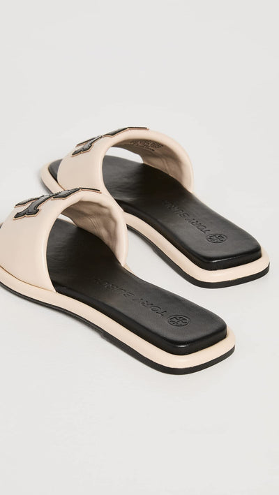 Tory Burch Women's Double T Sport Slides, New Cream/Perfect Black/Gold, 6.5 Medium US