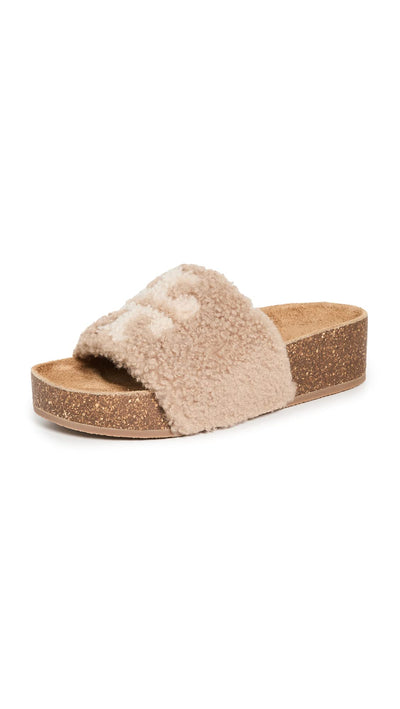 Tory Burch Women's Double T Shearling Wedge Slides Almond Flour/Buttermilk/Cork (6, Numeric_6)