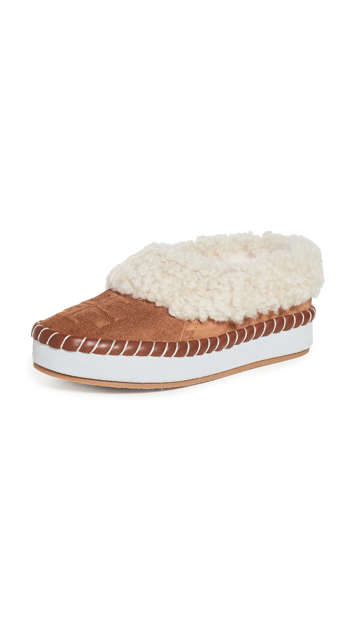 Tory Burch Women's Shearling Slippers, Toasted Caramel/Buttermilk, Brown, Off White, 7.5 Medium US