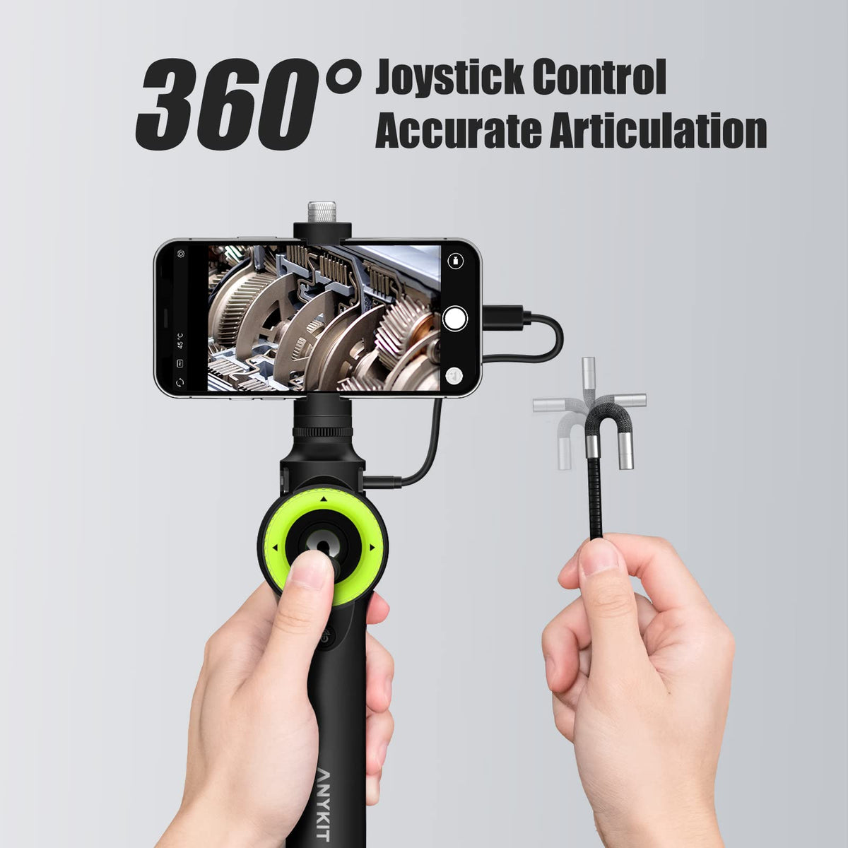 360° Articulating Borescope, Anykit Joystick Articulating Endoscope Inspection Camera with Steerable Probe for Automotive Aircraft Mechanics, Compatible with iPhone and Android (7.6mm/3.3ft)