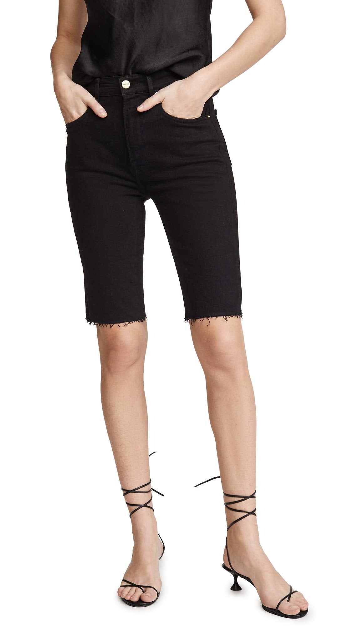 FRAME Women's Le Vintage Bermuda Raw Edge Shorts, Film Noir, Black, 23