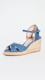 Stuart Weitzman Women's Mirela Espadrille Wedges, Washed/Natural, Blue, 6 Medium US
