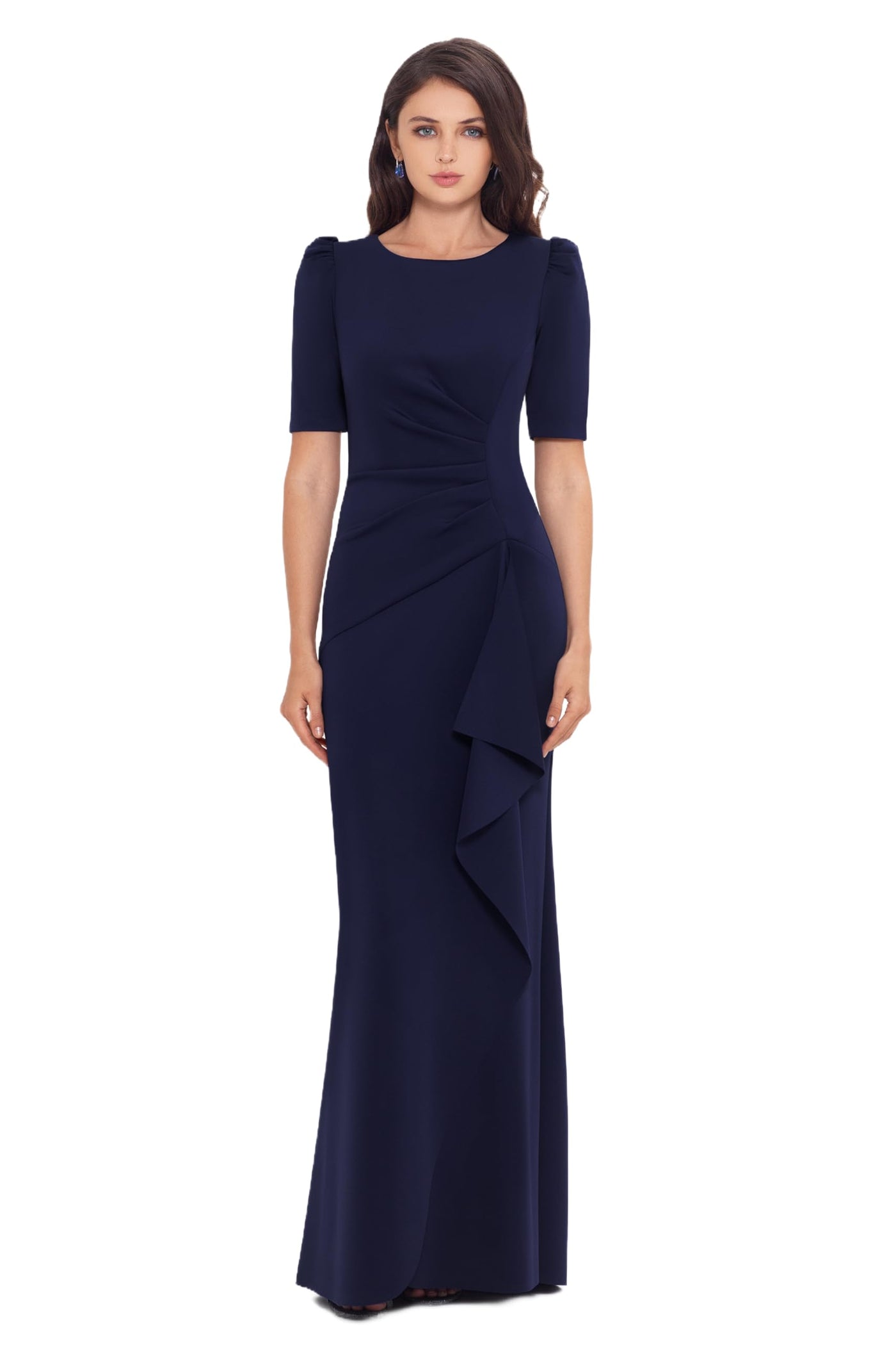 Xscape Women's 3/4 Sleeve Long Scuba Dress with Side Ruching, Midnight, 10