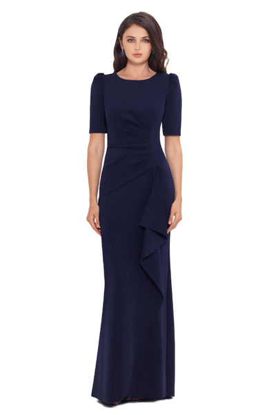 Xscape Women's 3/4 Sleeve Long Scuba Dress with Side Ruching, Midnight, 10