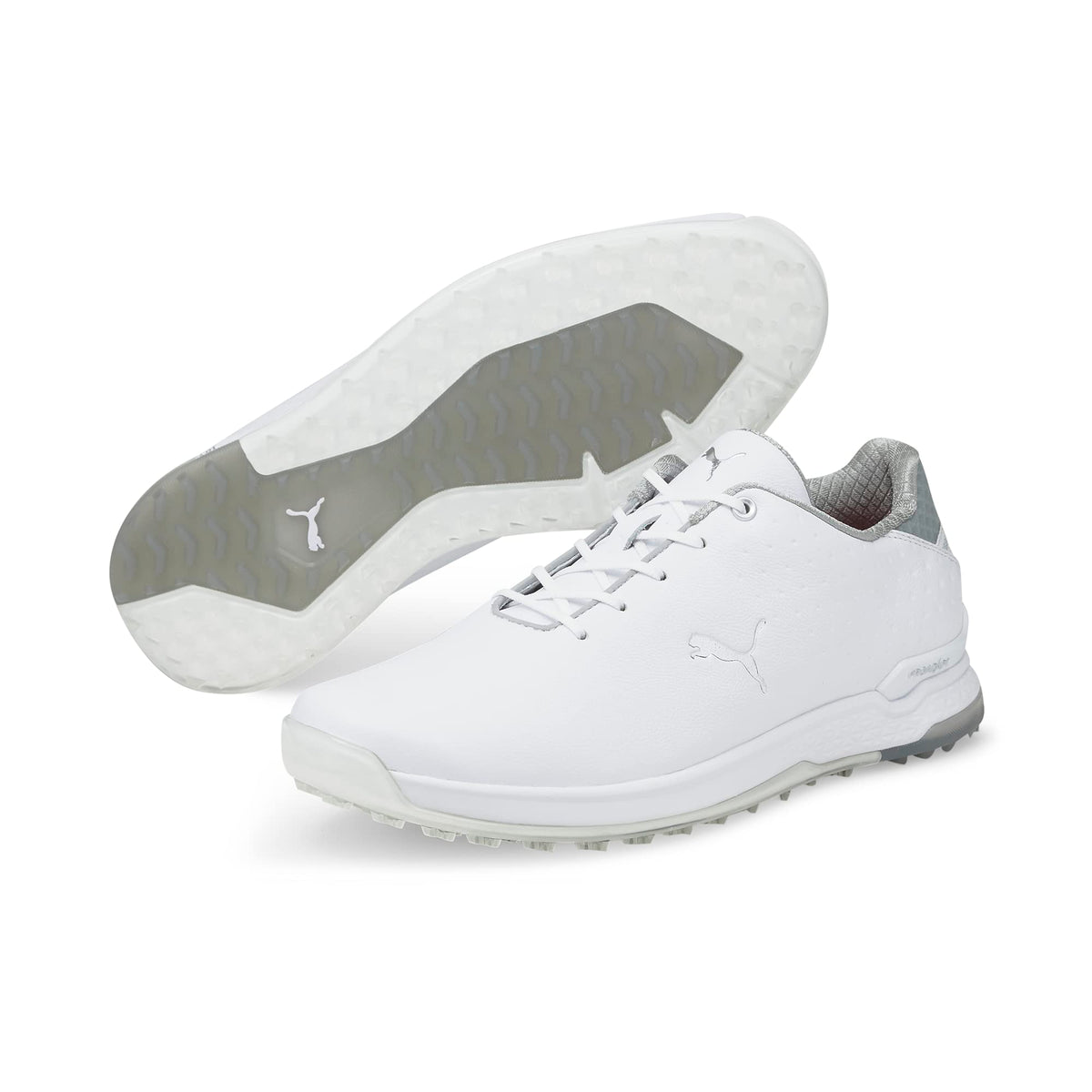 Puma Golf Men's PROADAPT ALPHACAT Leather Golf Shoe, Puma White-Puma Silver, 12.5