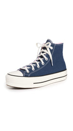 Converse Women's Chuck Taylor All Star Lift Platform Denim Fashion Sneakers, Navy/Egret/Sunrise Pink, 7 Medium US