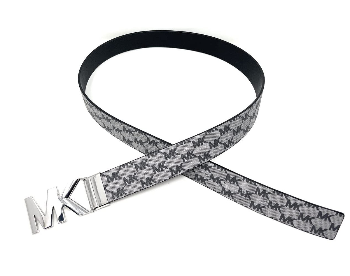 Michael Kors 38mm Leather Reversible MK Logo Plaque Buckle Belt (Grey/Black, S)