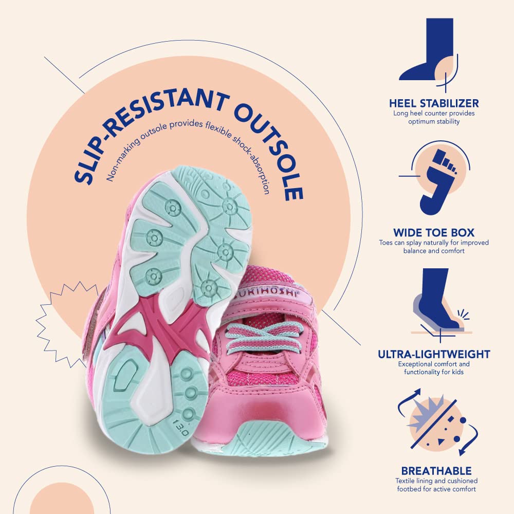 TSUKIHOSHI 3537 GLITZ Strap-Closure Machine-Washable Child Sneaker Shoe with Wide Toe Box and Slip-Resistant, Non-Marking Outsole - For Toddlers and Little Kids, Ages 1-8 Toddler (1-4 Years) 10 Toddler Hotpink/Mint