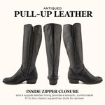 Frye Carson Piping Tall Boots for Women Made from Antiqued Pull-Up Leather with Western-Style Piping, Inside Zipper Closure, and Low Heel – 15" Shaft Height, Black - 7M