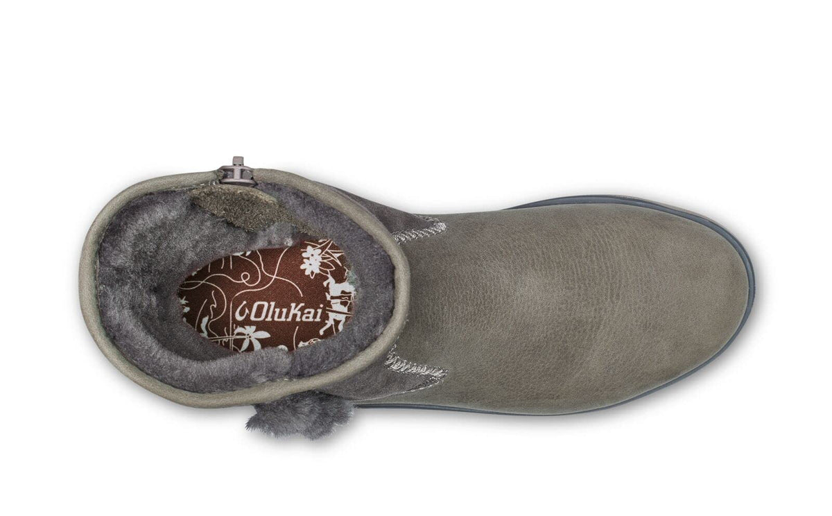 OLUKAI Pa'ina Hulu Women's Winter Boot, Soft Waterproof Leather & Wet Grip Sole, Medial Side Zipper for Easy Slip-On, Comfortable & Cute Style, Fog/Fog, 6.5