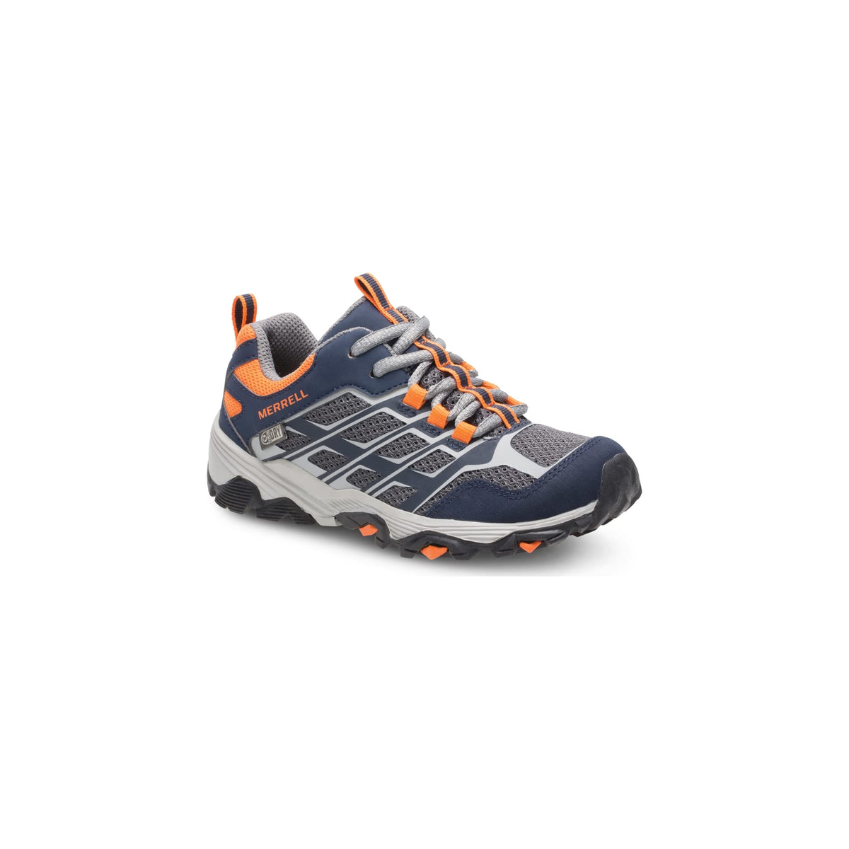 Merrell Moab FST Low Waterproof Hiking Sneaker, Navy/Grey/Orange, 11.5 Wide US Unisex Big_Kid