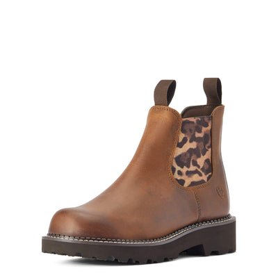 ARIAT BMVY9 Womens Fatbaby Twin Gore Western Boot Distressed Tan/Leopard Gore 7
