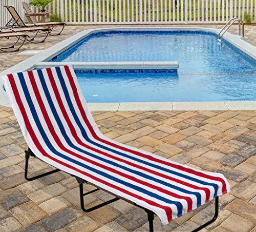 DII Stripe Beach Lounge Chair Towel with Fitted Top Pocket, 26x82, Red, White, Blue