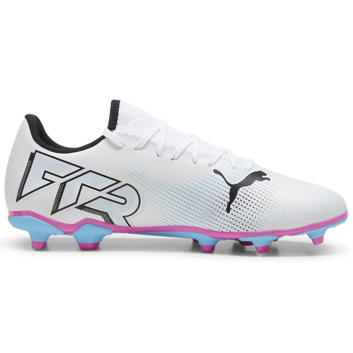 PUMA Mens Future 7 Play Firm, Artificial Ground Soccer Cleats, PUMA Mens White-PUMA Mens Black-Poison Pink, 7