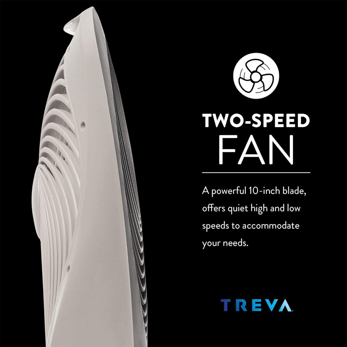 Treva 10-Inch Portable Fan, Powered by Battery and/or AC Adapter - Desk Fan Air Circulating with 2 Cooling Speeds for Personal and Travel Use (Black)