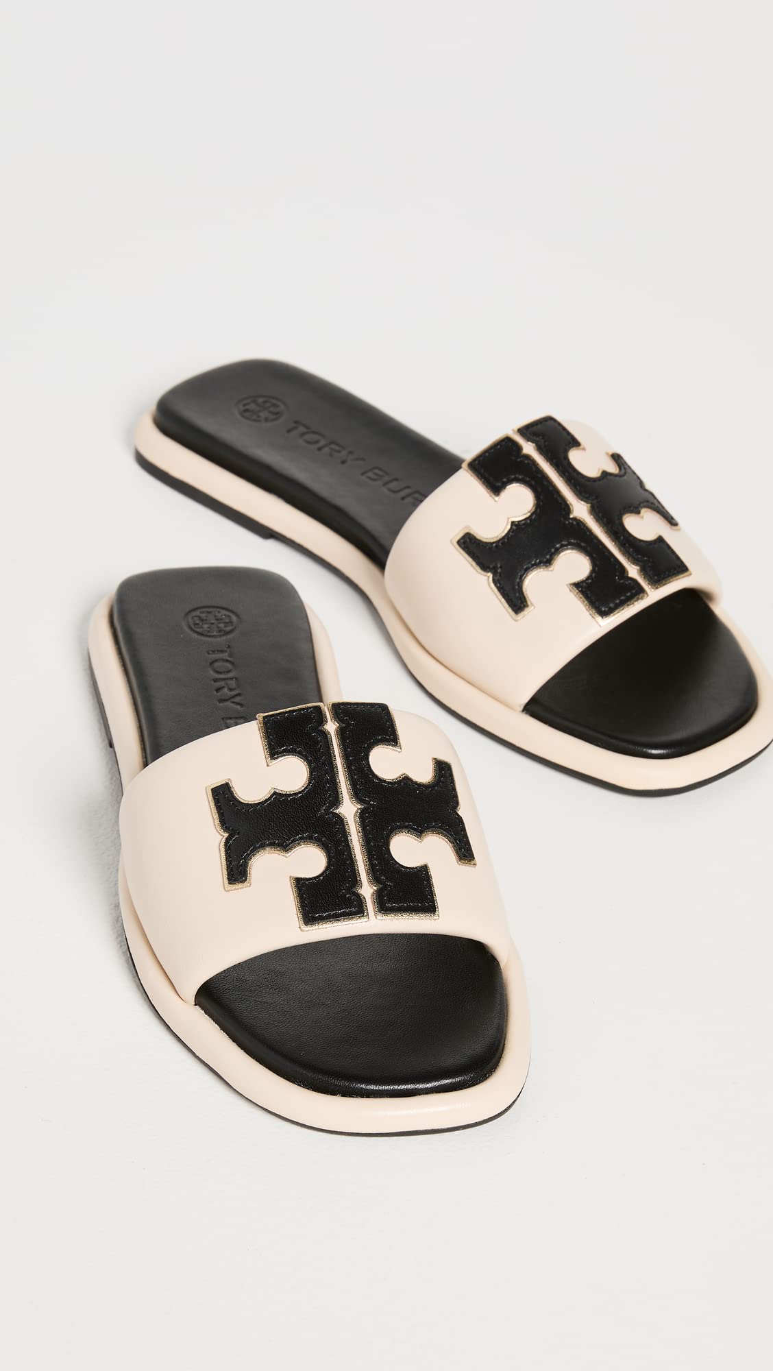 Tory Burch Women's Double T Sport Slides, New Cream/Perfect Black/Gold, 11 Medium US