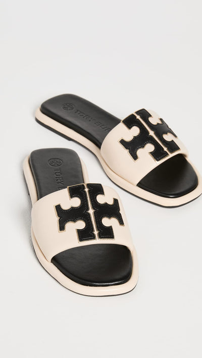 Tory Burch Women's Double T Sport Slides, New Cream/Perfect Black/Gold, 11 Medium US