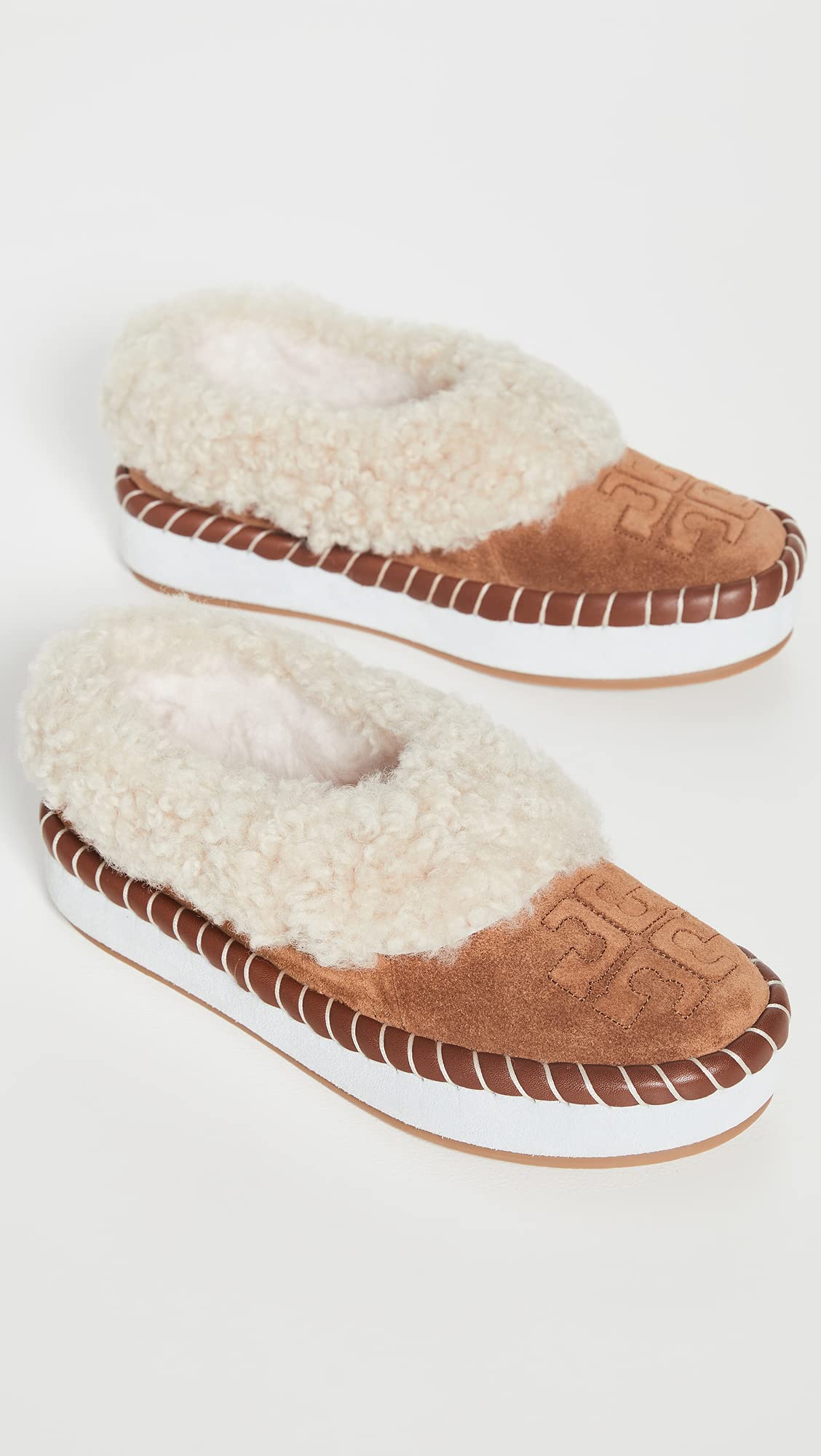 Tory Burch Women's Shearling Slippers, Toasted Caramel/Buttermilk, Brown, Off White, 7.5 Medium US