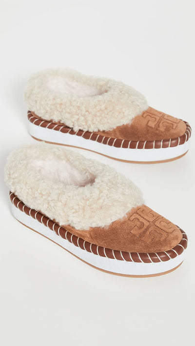 Tory Burch Women's Shearling Slippers, Toasted Caramel/Buttermilk, Brown, Off White, 7.5 Medium US