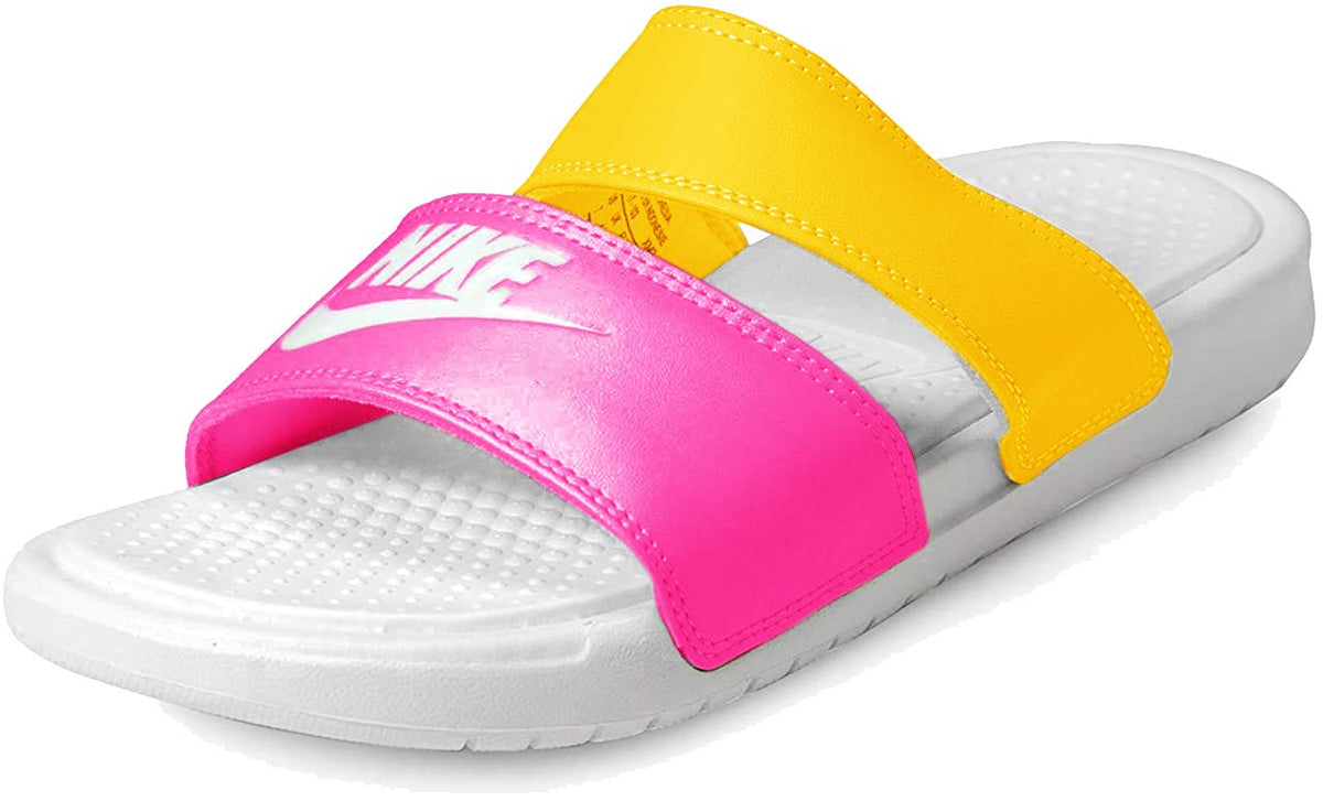 Nike Womens Benassi Duo Ultra Slide Sandals 10 White/Laser Orange/Laser Fuchsia