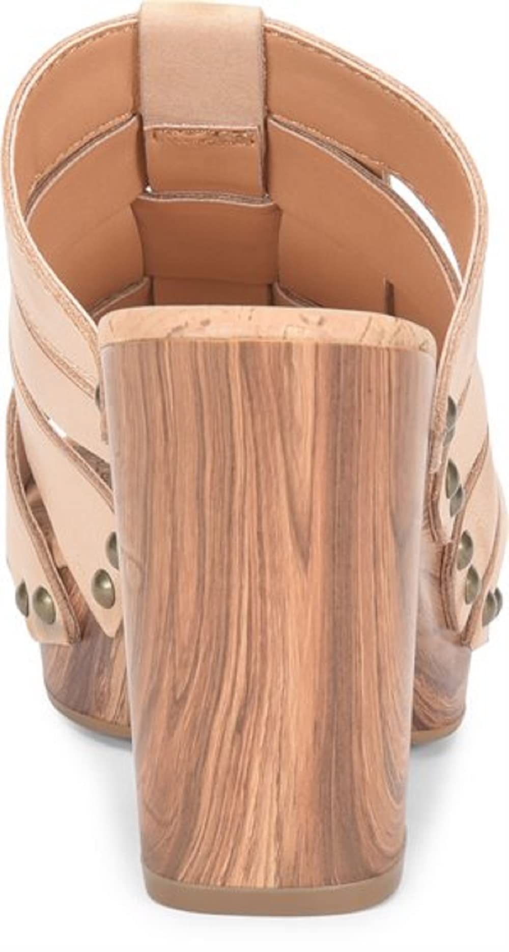 KORK-EASE Devan Women's Heeled Sandal – Hand-Burnished Woven Leather with Antiqued Rivets & Woodgrain Heel – Natural, 9M US