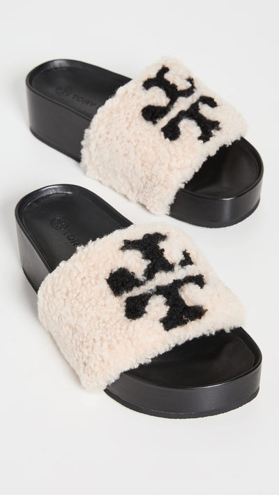 Tory Burch Women's Double T Shearling Flatform Sandals, Buttermilk/Perfect Black, 7 Medium US
