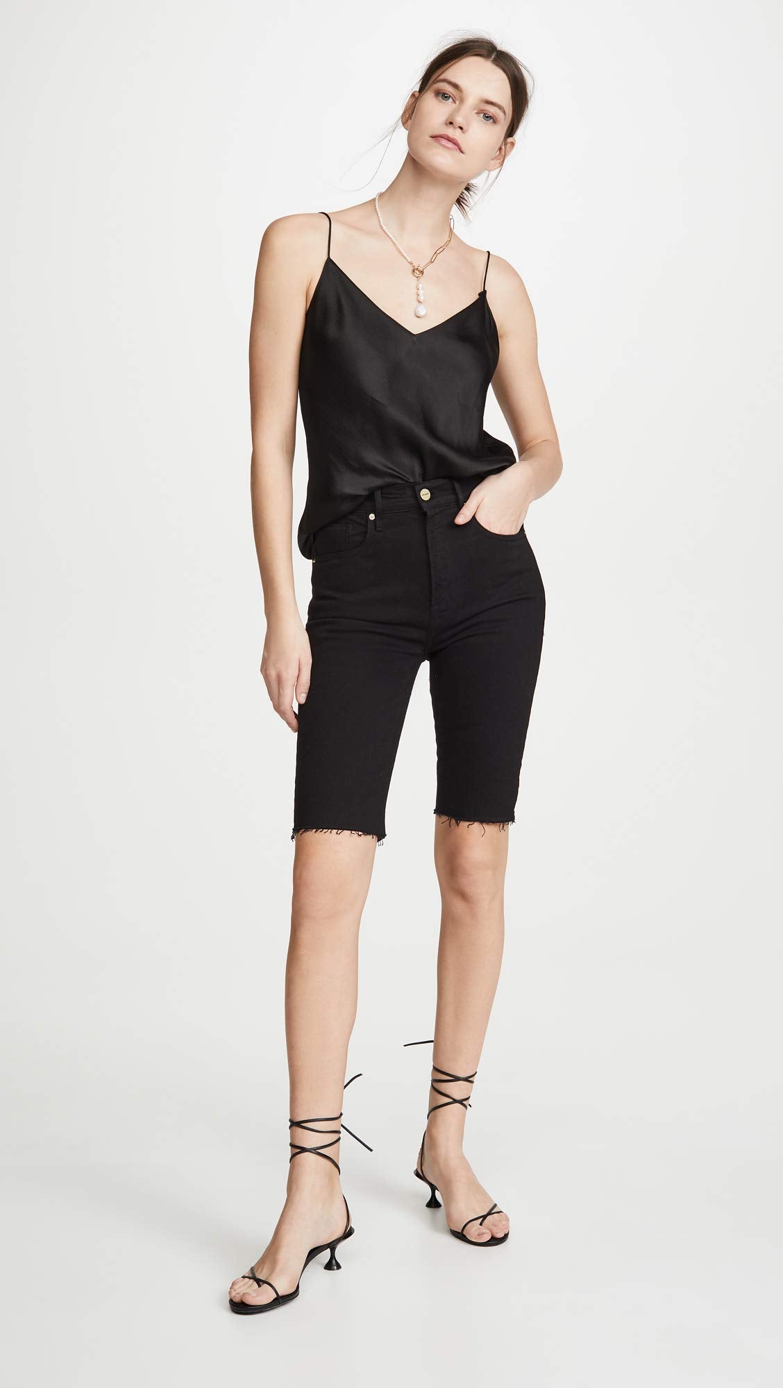 FRAME Women's Le Vintage Bermuda Raw Edge Shorts, Film Noir, Black, 23