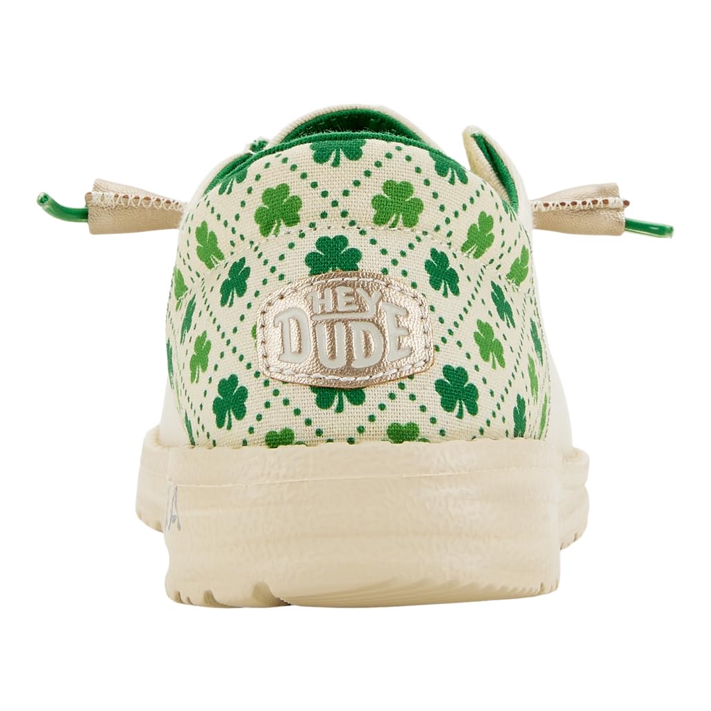 HEYDUDE Women's Wendy Luck White/Shamrock Size 5 | Women's Shoes | Women Slip-on Loafers | Comfortable & Light-Weight