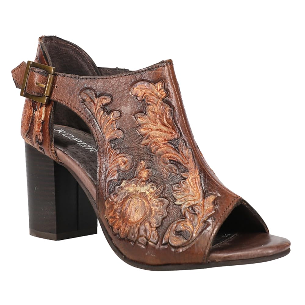 ROPER Womens Mika Floral Embossed Peep Toe Shootie Pumps Dress Casual Casual Mid Heel 2-3" - Brown - Size 10 M