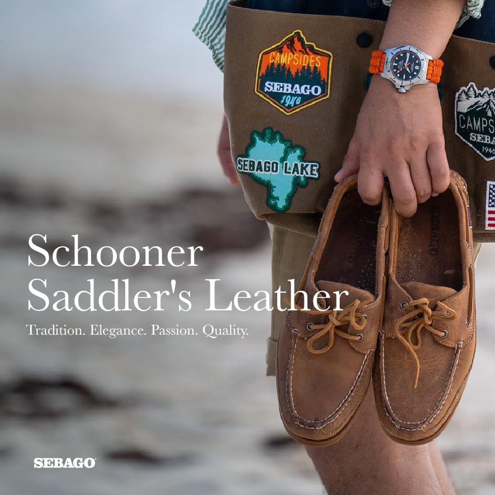 Sebago Schooner Saddler's Leather Boat Shoes - Waterproof Moccasins for Men Featuring Leather Sock Lining, and Non-Marking, Slip-Resistant Outsoles, Brown Tan - 8.5 Regular