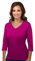 Tri-Mountain Women's 100% Cotton V-Neck 3/4 Sleeve Knit Shirt - 131 Mystique 4X-Large Fuchsia