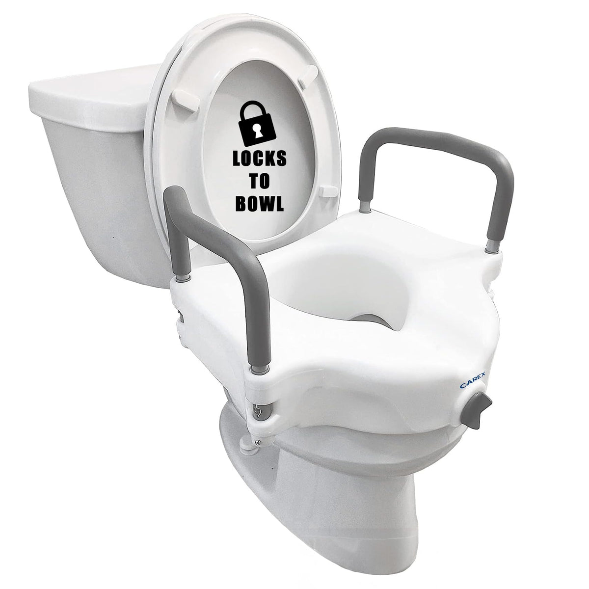 Carex E-Z Lock Raised Toilet Seat with Handles - 4.5 Inch Toilet Seat Riser with Arms, Toilet Riser Fits Most Toilets, Elongated or Round, Toilet Seat Lifter, White