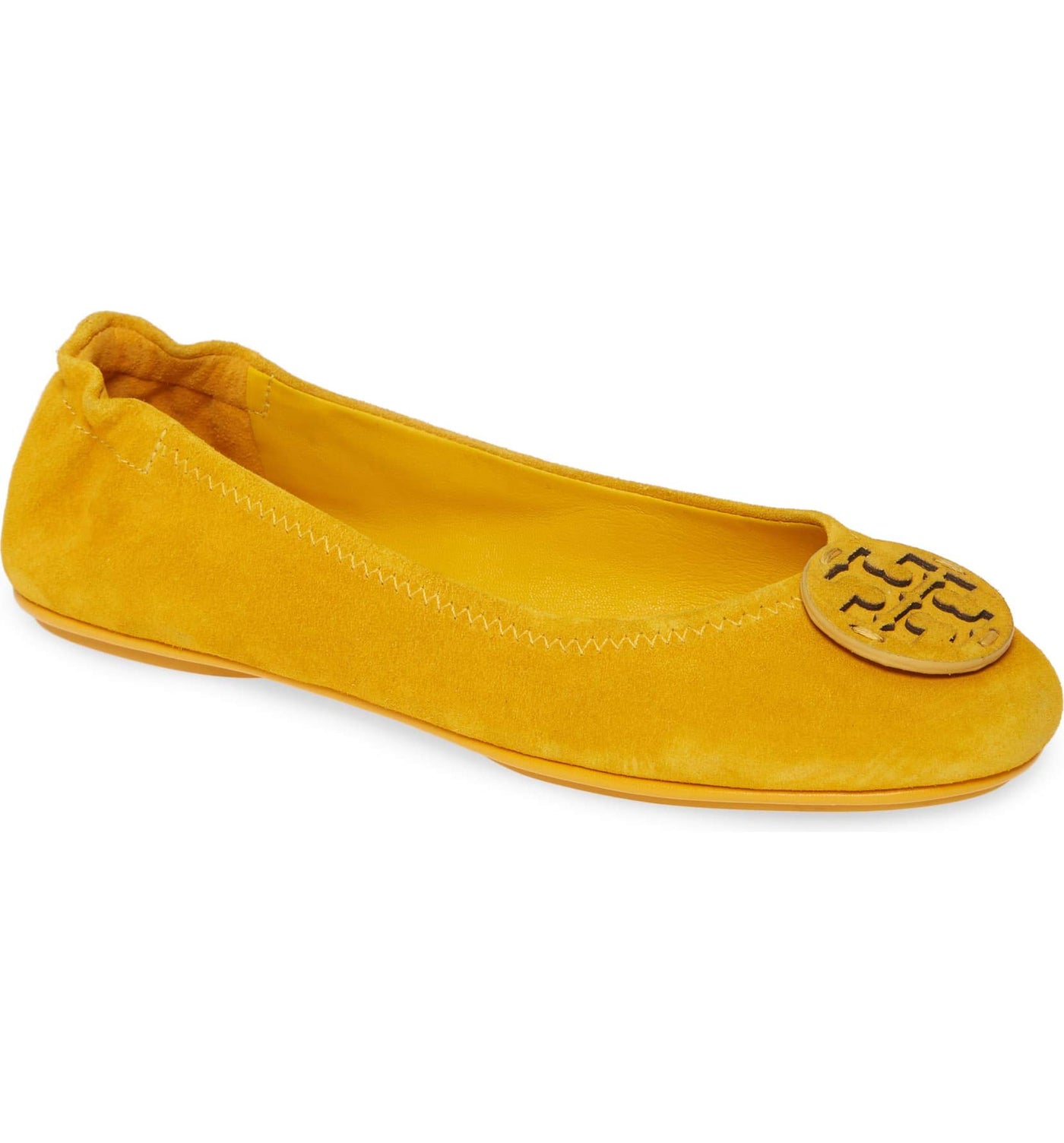 Tory Burch Women's Mini Travel Ballet Suede Leather Flats Shoes Gold Crest (7 M US)