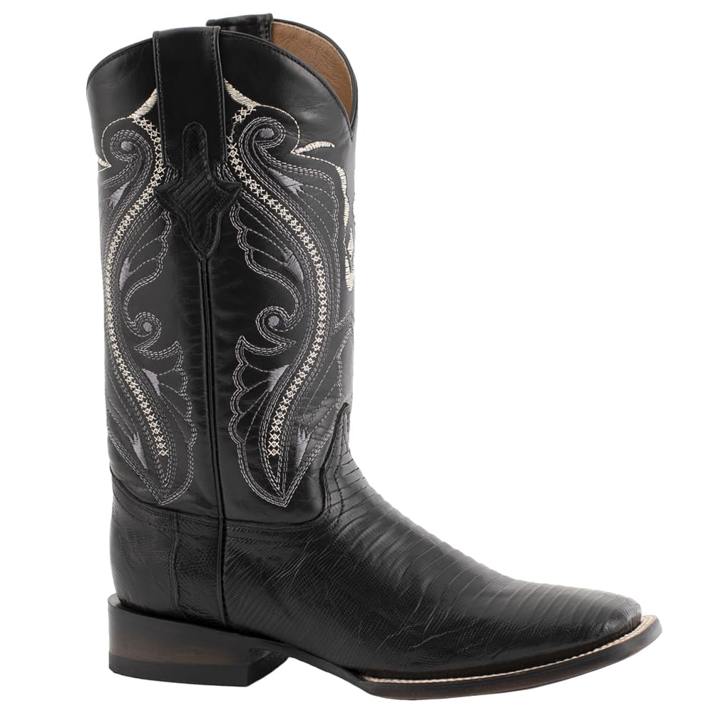 Ferrini Men's Taylor Teju Lizard Square Toe Leather Heeled Western Boots, Black, 11