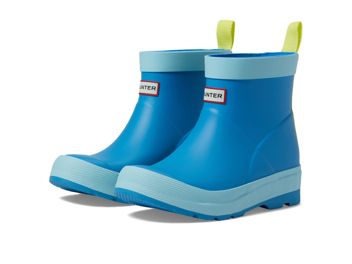 Hunter Kids Play Boot for Little and Big Kid Offers Rubber Upper with Ankle Pull Tab, and Durable Poolhouse Blue/Bleached Blue/Illuminating Yellow 4 Big Kid M